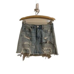 AMERICAN EAGLE Outfitters Mini Skirt Size 2 Hi Rise Denim Distressed Button Fly